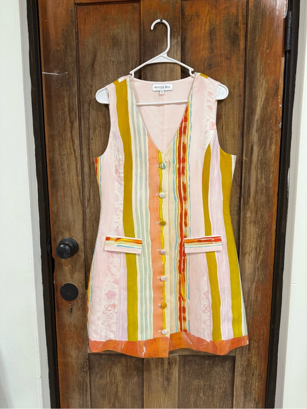 HUNTER BELL Striped Sleeveless Midi Dress in Pink, Mustard & Blue Accents